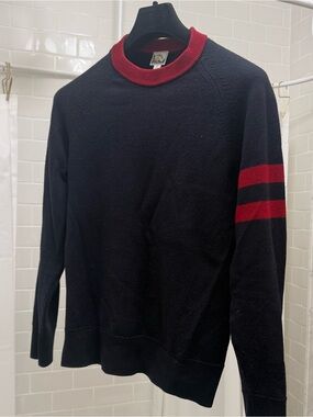 Sunspel Merino Wool Crewneck Sweater, Navy Blhwith Red Collar and Sleeve Stripes